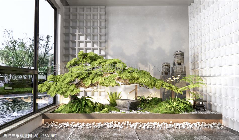 新中式庭院景观小品 植物景观 流水水钵 石头景石 松树 蕨类植物 拴马柱
