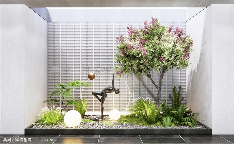 现代庭院景观小品 植物景观 蕨类植物 景观树 雕塑小品 植物堆