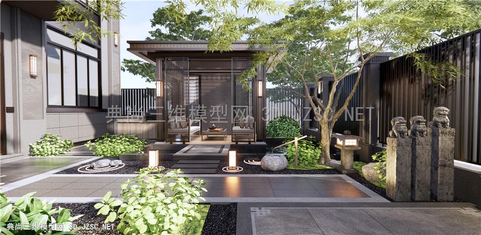 新中式庭院景观 枯山水禅意庭院 亭子 户外沙发 拴马柱 植物景观