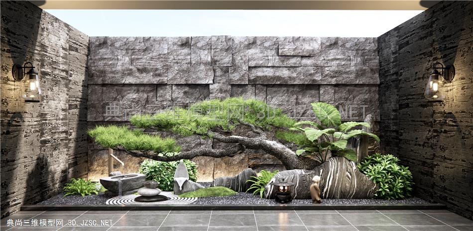 新中式庭院小品 毛石墙 景观石 植物景观 水钵 松树1