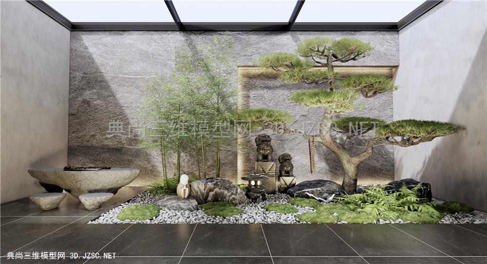 新中式庭院景观小品 禅意基山石园艺 景观松树 石桌石台 栓马柱1