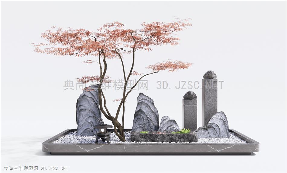 新中式禅意庭院小品 红枫 禅意景观 假山石头 马槽水钵1