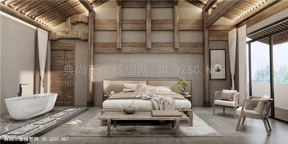 新中式民宿卧室 会所 双人床 休闲沙发1