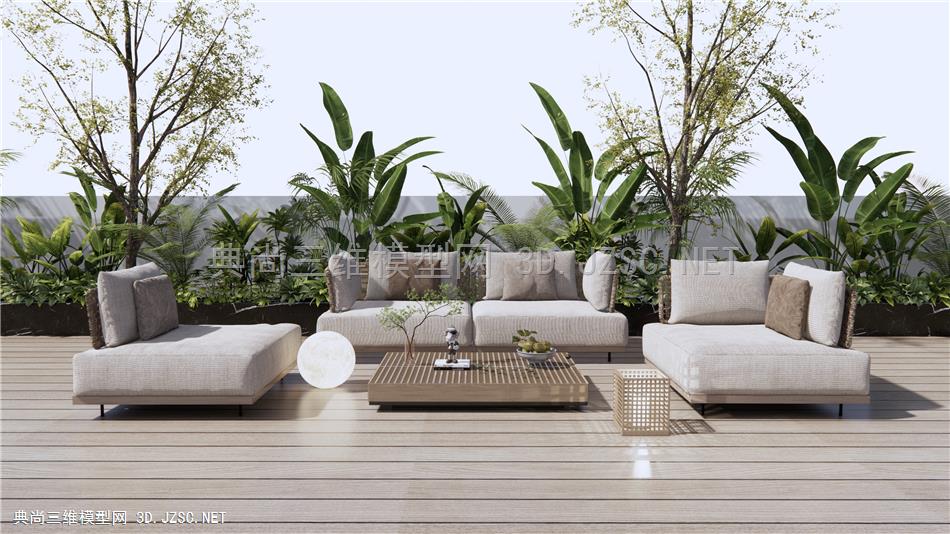 现代户外沙发 藤编休闲沙发 灌木绿植 户外植物2
