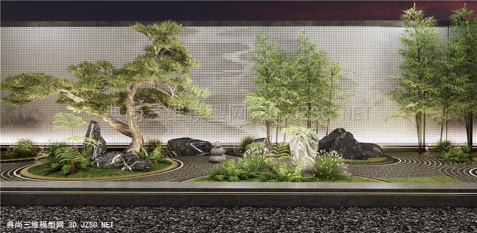 新中式庭院禅意景观小品 景墙 石头 假山 枯山石 松树景观 竹子1