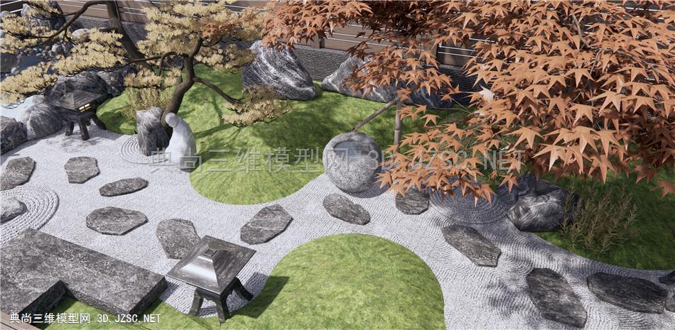 日式枯山水庭院花园 假山水景 石头景石 景观树 枫树 茶台 茶桌椅1