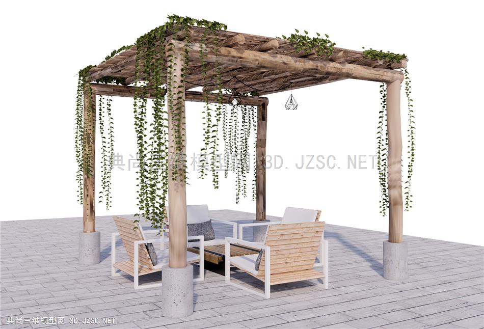 现代休闲庭院凉棚花架廊架 植物 户外桌椅