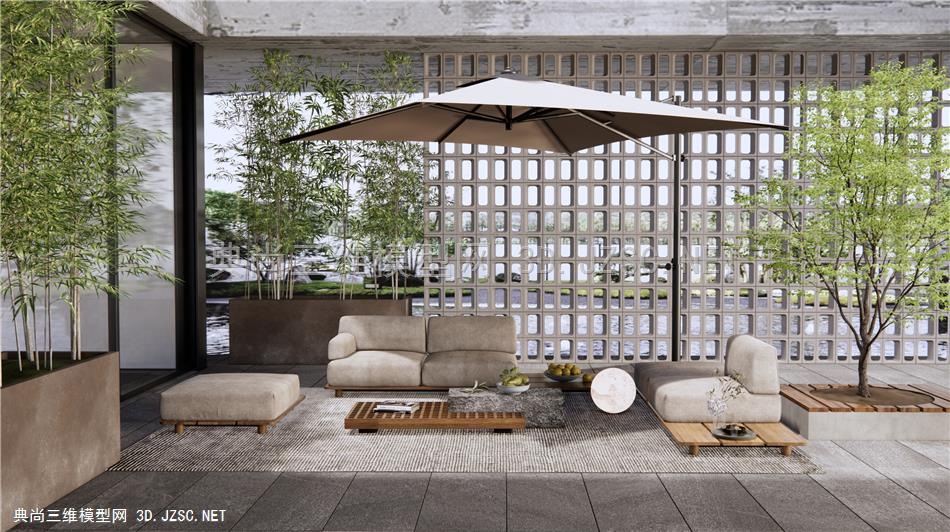 现代户外沙发 阳台露台景观 庭院花园 竹子花坛 景观树 镂空水泥隔断1