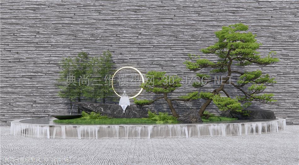 新中式跌水庭院小品 石头 假山 叠水景观 松树1