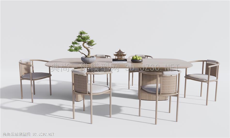 新中式餐桌椅 原木餐桌椅 藤编休闲椅1