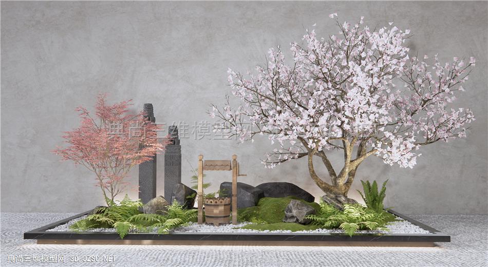 日式庭院景观造景 石头 樱花树 枯山石 植物景观 红枫1