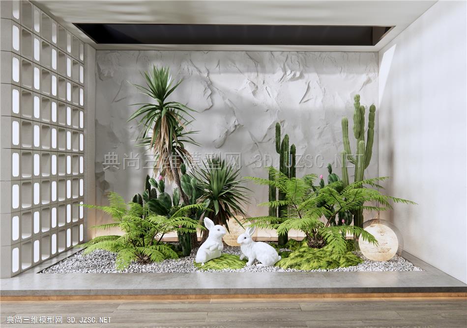 现代室内植物景观造景 植物堆 仙人掌 蕨类植物 小兔雕塑小品 苔藓1