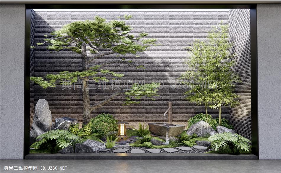 现代室内景观造景 庭院小品 植物堆 枯山水 石头假山 植物造景 汀步 松树 竹子1