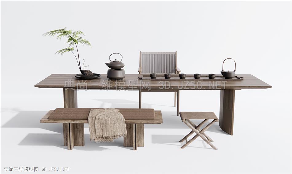 新中式茶桌椅 茶台 坐凳 盆栽 休闲椅1