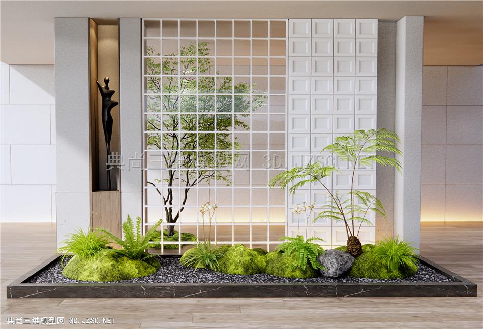 现代植物景观造景 庭院小品 装饰性玄关 蕨类植物 乔木 苔藓 雕塑摆件 玻璃隔断1