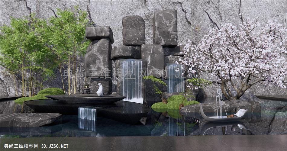 新中式假山水景 跌水景墙 石头 石块 叠水小品 庭院景观1
