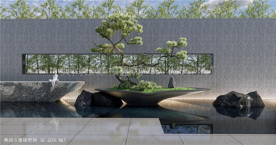 新中式庭院小品 景墙 流水小品 石头 水景 松树盆栽1