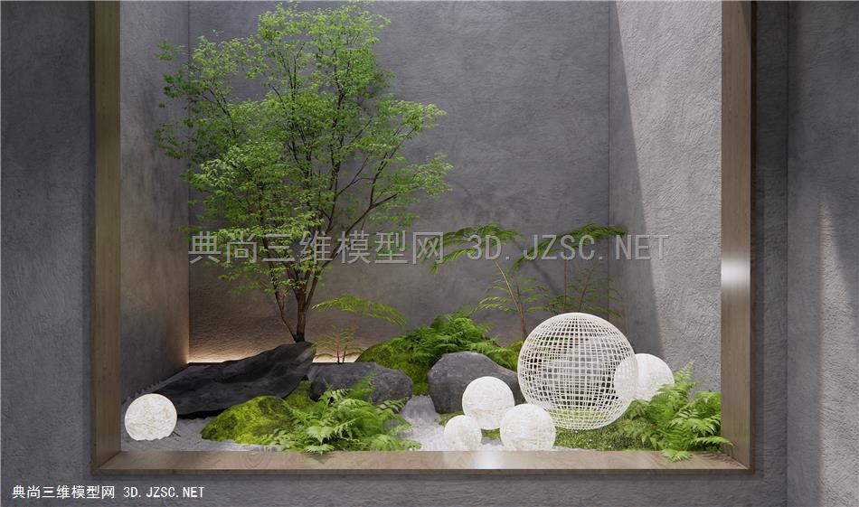 现代庭院植物小品 石头 植物堆 蕨类植物 肾蕨 苔藓1