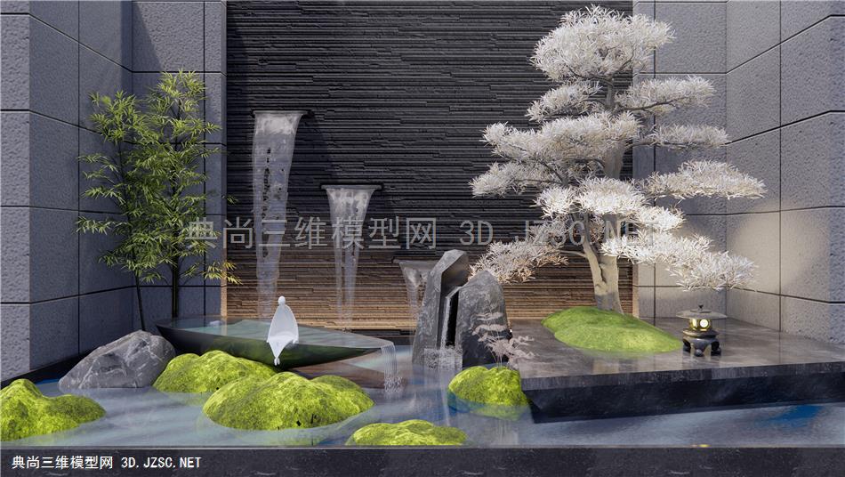 新中式跌水庭院小品 流水景墙 假山水景 石头 苔藓松树小品 竹子1