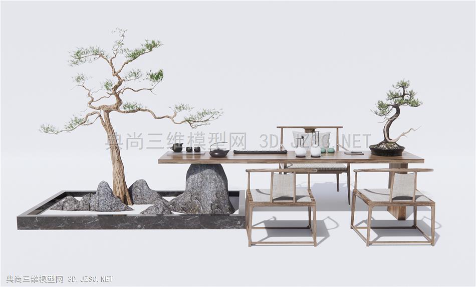 新中式茶桌椅 茶具 松树假山小品 石头 盆栽植物1