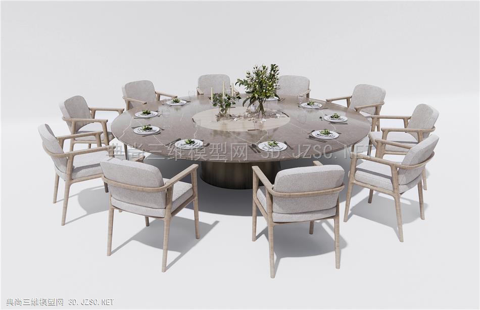 现代餐桌椅 圆形餐桌 花瓶 花艺 餐具1
