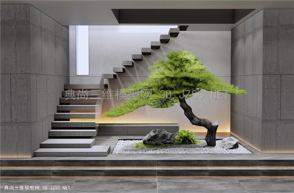 现代楼梯间 室内植物造景 庭院小品 松树 石头