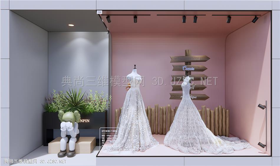 现代婚纱展示 橱窗陈设 服装专卖店 模特橱窗 花箱
