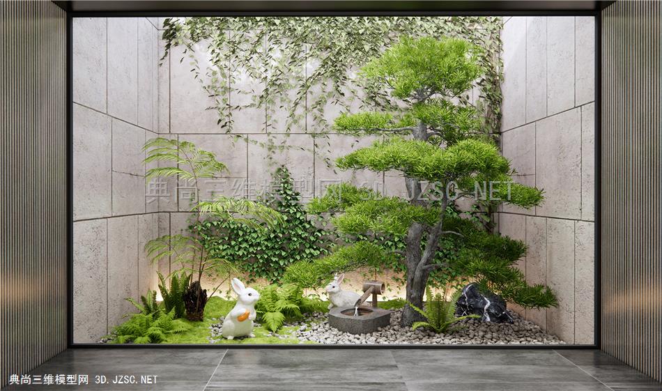 现代中庭庭院小品 室内植物造景 天井景观 爬山虎 蕨类植物堆 青苔 水钵 松树1