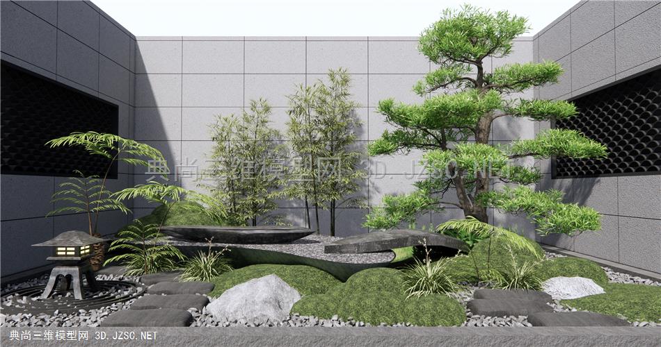 新中式枯山石庭院景观 石头 苔藓植物 松树 砂石汀步1