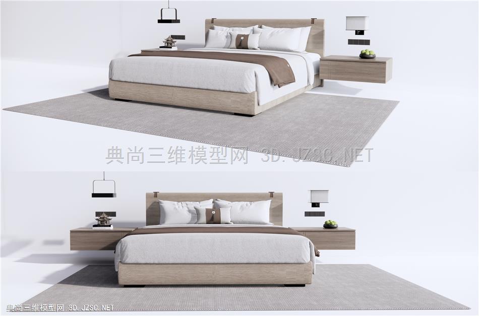 新中式双人床 禅意双人床 床头柜 床头吊灯1