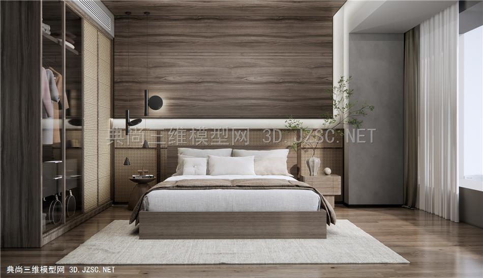 新中式卧室 双人床 藤编衣柜1