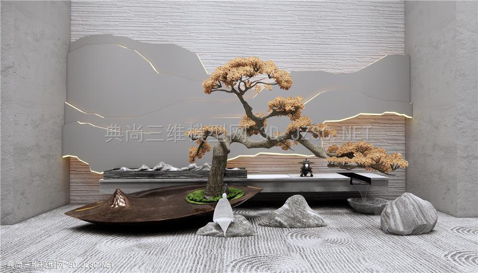 新中式雕塑水景景观小品 枯山石庭院景观 景墙水景 迎客松1