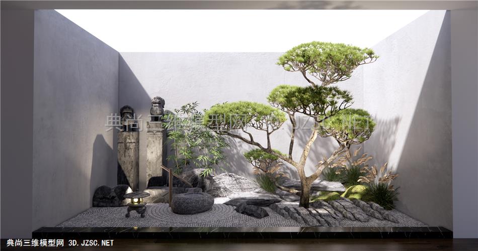 新中式庭院景观小品 天井景观 石头假山 松树迎客松景观树1