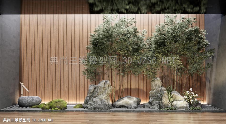 新中式庭院景观小品 枯山水 石头 假山 竹子 苔藓 天井小品1
