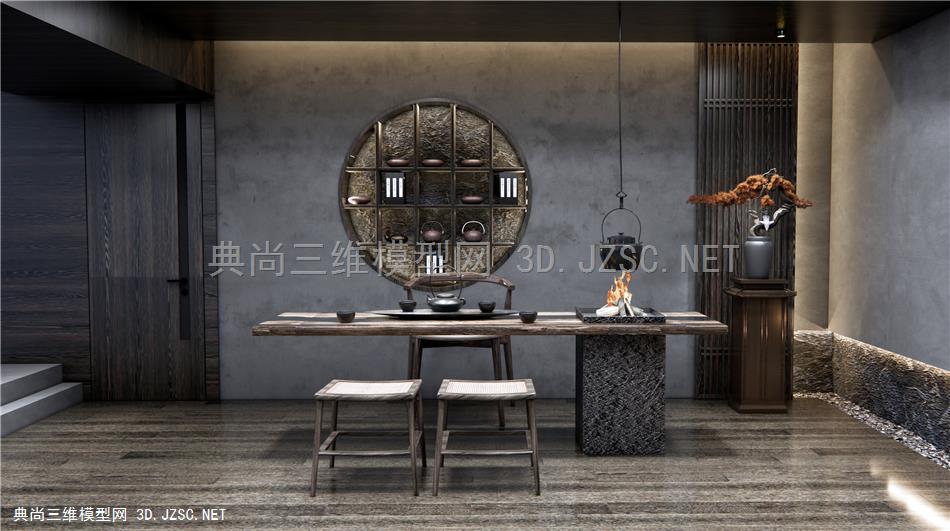 新中式禅意茶室 茶桌椅 盆栽盆景 茶具摆件1