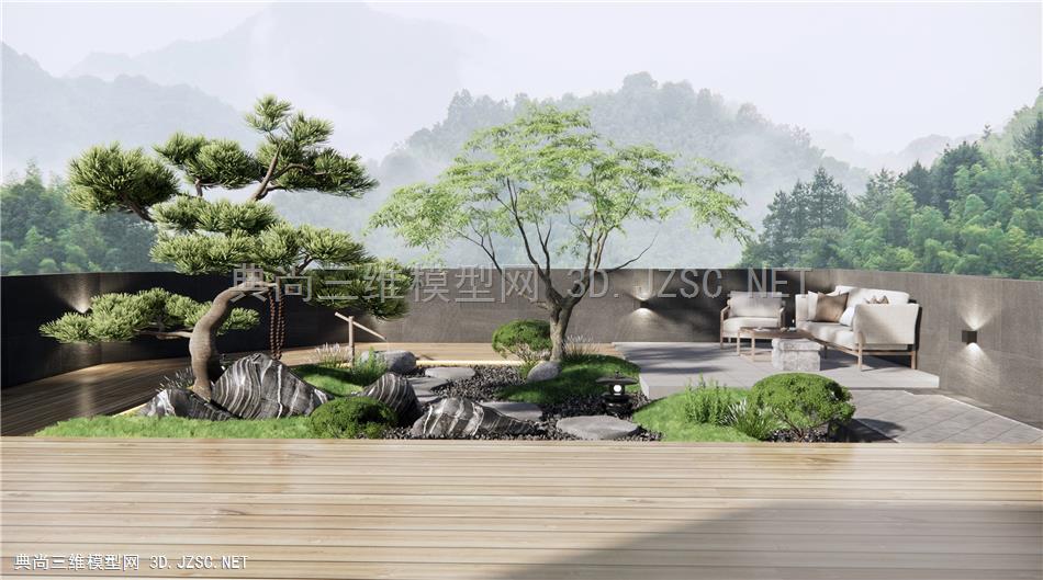 新中式屋顶花园 枯山石庭院景观 户外沙发 景观小品 假山石头 松树景观树1