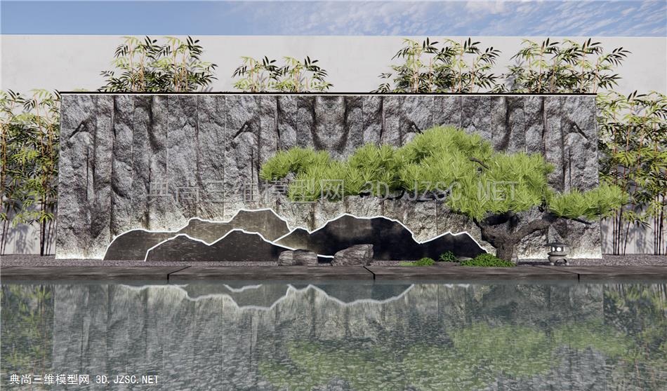 新中式景墙围墙 假山水景 庭院景观小品1