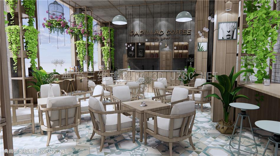 现代咖啡厅 西餐厅 休闲桌椅 吊篮绿萝植物盆栽1