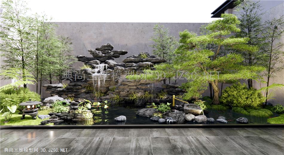 新中式假山水景 天井室内景观造景 植物景观 石头松树小品 灌木绿植 竹子1