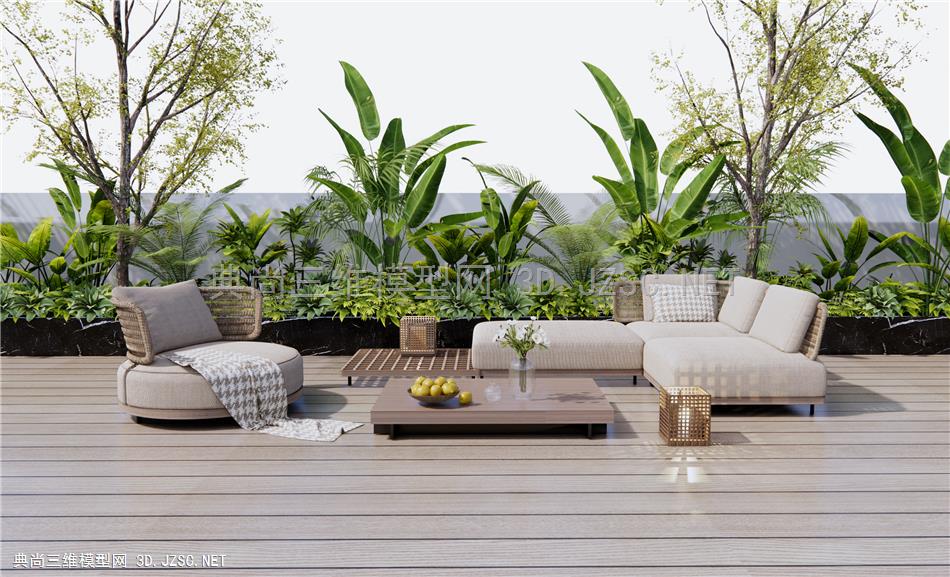现代户外沙发 藤编休闲沙发 单人沙发 灌木绿植 户外植物1
