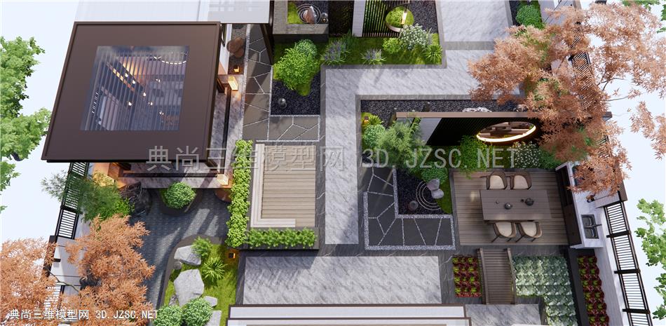 新中式庭院景观 景墙 亭子 假山水景 植物景观 灌木绿植 户外桌椅