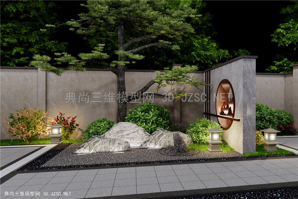 新中式庭院景墙 景观石 园艺造景 松树