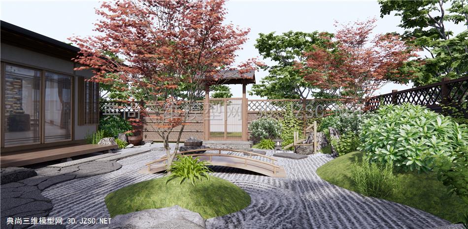 日式枯山水庭院景观 植物景观 木围栏 庭院门 景观石头 红枫1