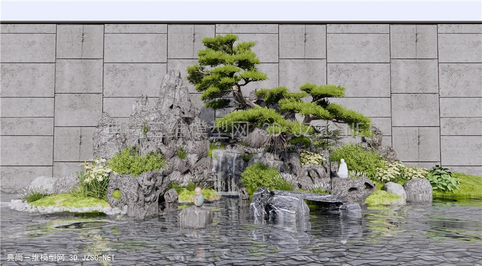 新中式假山水景 叠水景观 石头 景观小品 水景叠石 植物松树1