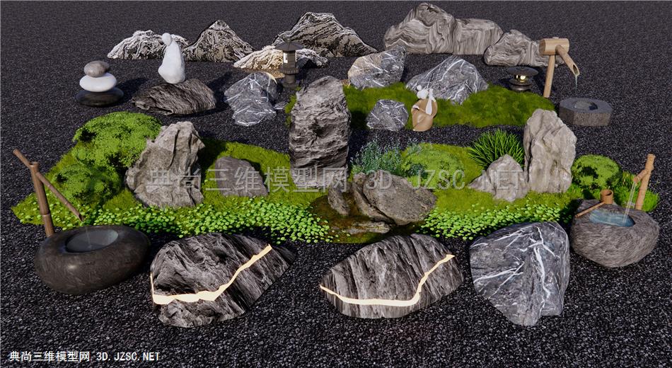 新中式景观石头 水钵 置石 景观小品 假山 苔藓石