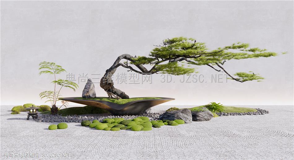 新中式松树盆栽 迎客松盆景 石头 苔藓 园艺景观造景