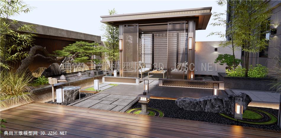 新中式庭院景观 山水景墙 造型松树 亭子 户外沙发 草丛植物 竹子1