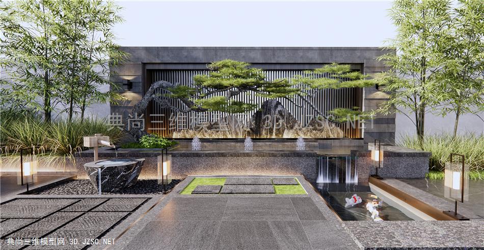 新中式山水景墙 庭院景墙 假山水景 造型松树 草丛植物 竹子1
