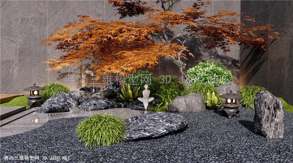 日式枯山水庭院造景 红枫庭院树 景观石头 假山水景 水钵 草丛 植物堆