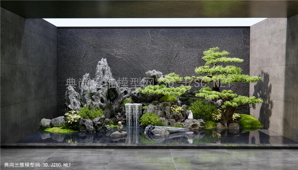 新中式假山水景 叠水景观 石头 水景叠石 迎客松 植物景观